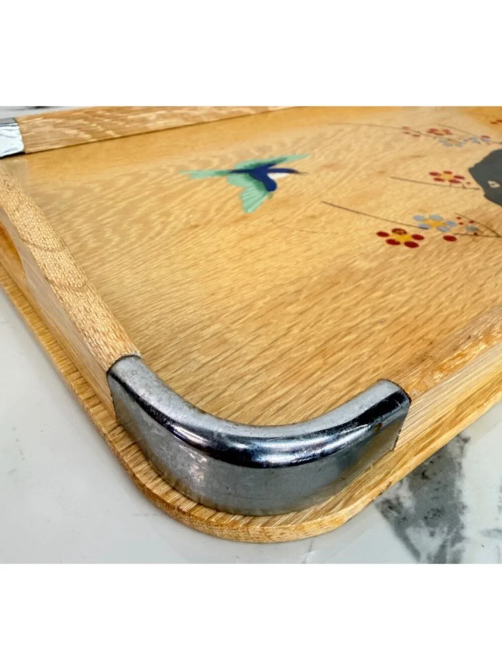 Vintage Hand-Painted Wood Tray, Asian Themed, Bamboo and Birds, Blonde Wood, Chr